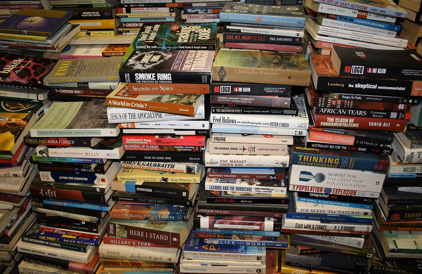Stacks of secondhand books in a bookshop